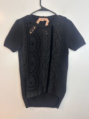No. 21 Back Lace & Velvet Short Sleeve Sheer Front Sweater/Top Size Small